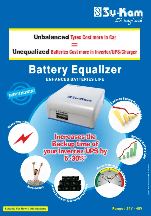 Su-Kam battery equalization brochure explaining how unequalized batteries cost more in an inverter