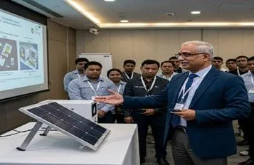 Kunwer Sachdev demonstrating a Su-Kam solar panel to dealers at a meet