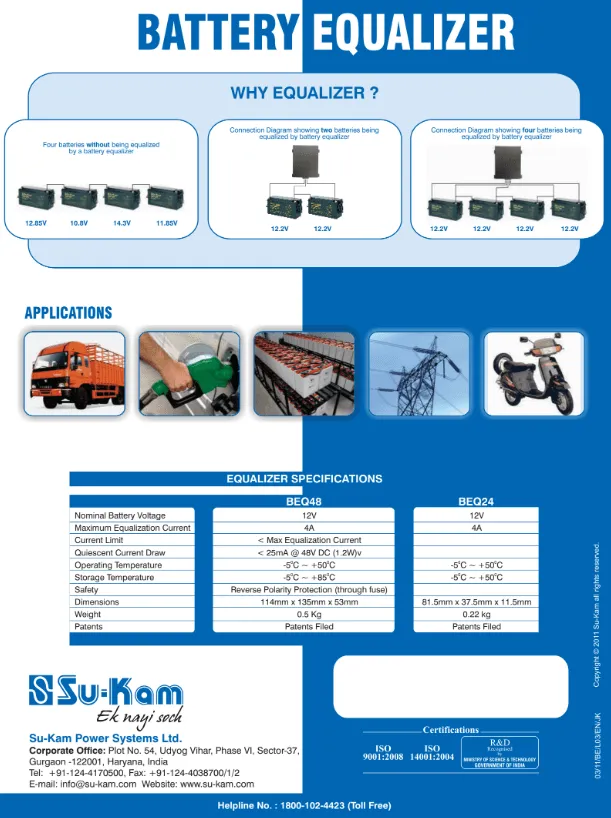 Su-Kam battery equalizer brochure comparing unbalanced car tyres to unequalized inverter batteries
