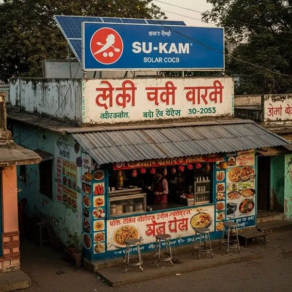 Su-Kam Solar board mounted above a roadside dhaba