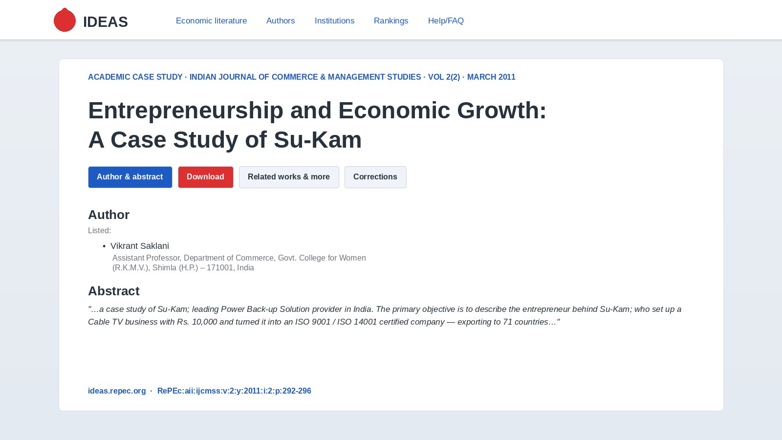 IDEAS/RePEc page — Entrepreneurship and Economic Growth: A Case Study of Su-Kam, IJCMSS, March 2011