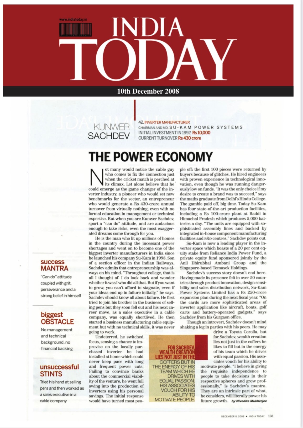 India Today article 'The Power Economy' on Kunwer Sachdev and Su-Kam, December 2008