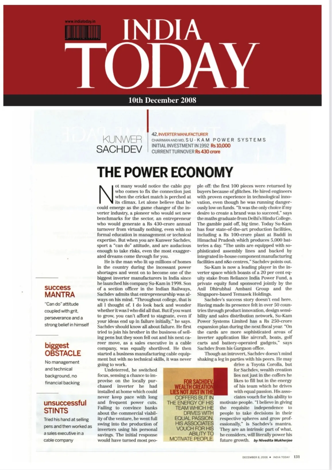 India Today article 'The Power Economy' on Kunwer Sachdev and Su-Kam, December 2008