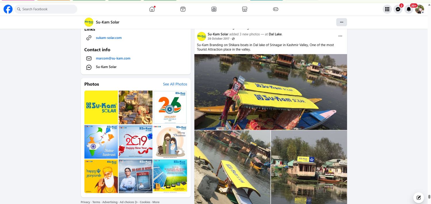 Su-Kam Solar's Facebook post dated 28 October 2017 showing the branded shikaras on Dal Lake