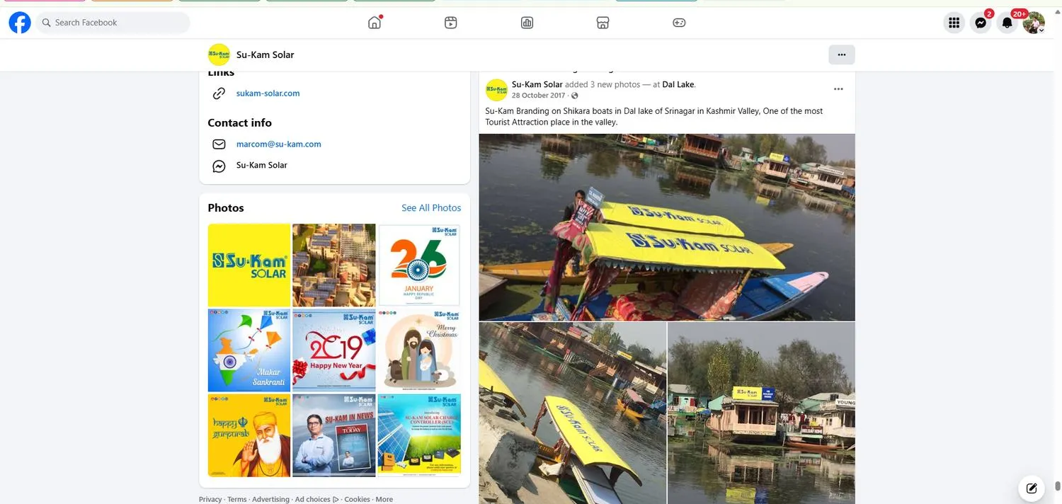 Su-Kam Solar's Facebook post dated 28 October 2017 showing the branded shikaras on Dal Lake