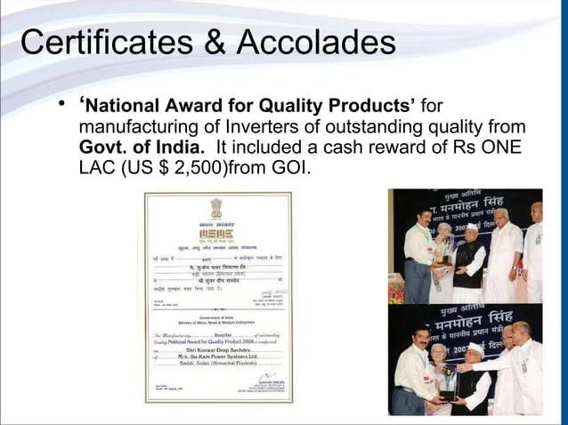 National Award for Quality Products — Mr Sachdev receiving the trophy on stage, Government of India ceremony
