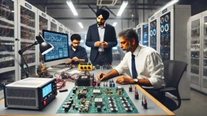 Engineers designing an inverter circuit board in an electronics lab