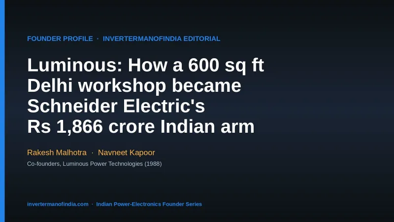 Founder profile hero — Luminous Power Technologies, Rakesh Malhotra and Navneet Kapoor co-founders, 1988