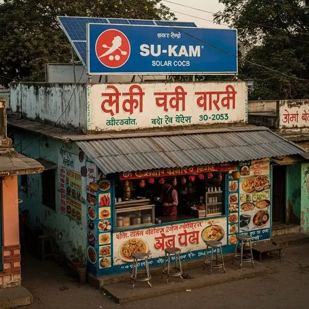 A Su-Kam Solar branding board mounted above a roadside dhaba, with the dhaba's own name below