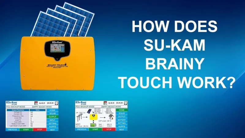 Su-Kam Brainy Touch — a touchscreen MPPT solar PCU showing live power flow on its display