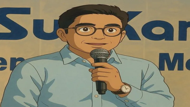 Illustrated portrait of Kunwer Sachdev, founder of Su-Kam, speaking at an event