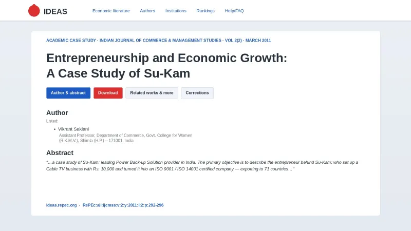 IDEAS/RePEc page — Entrepreneurship and Economic Growth: A Case Study of Su-Kam, Indian Journal of Commerce and Management Studies, March 2011